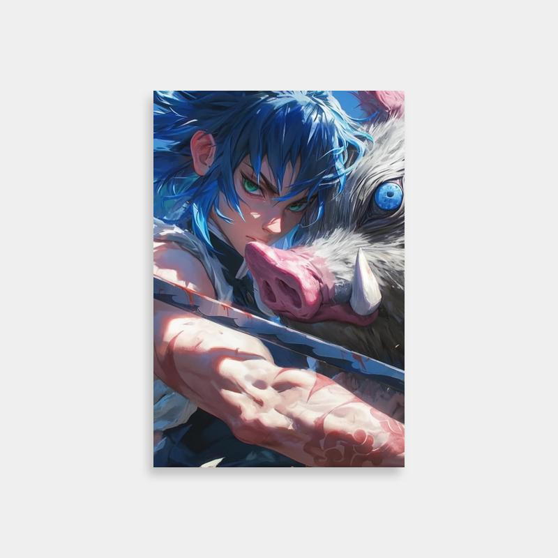 Inosuke Kamado Demon Slayer Poster - Blue Hair Anime Character with Knife