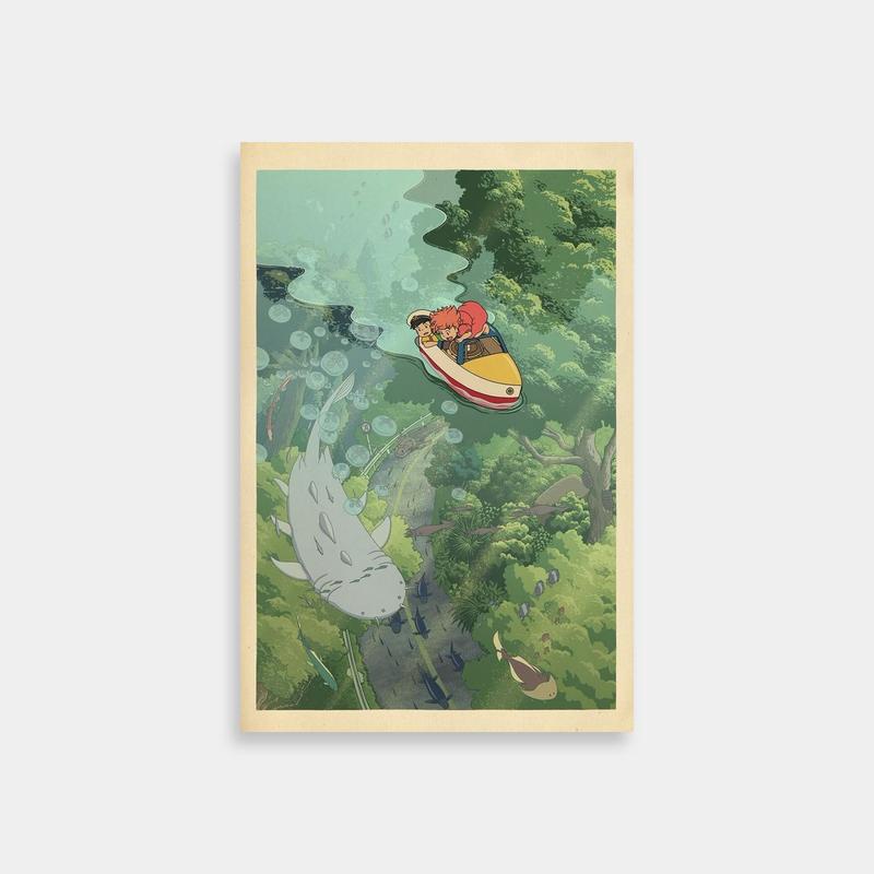 Ponyo Poster - Man Riding Boat in Forest Filled with Animals