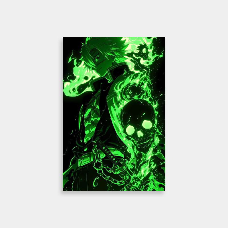 Sanemi Shinazugawa Demon Slayer Art - Green Flames on Black Background