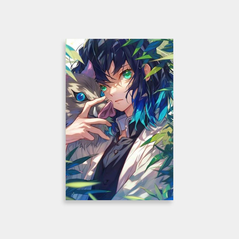 Inosuke Kamado Demon Slayer Anime Poster - Holding Cat