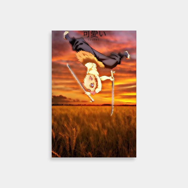 Inosuke Kamado Demon Slayer Snowboarding Poster - Sunset Action Scene